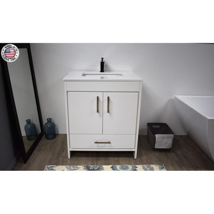 Volpa USA Capri 30" x 22" White Freestanding Modern Bathroom Vanity With Preinstalled Undermount Sink And White Microstone Top With Brushed Nickel Edge Handles