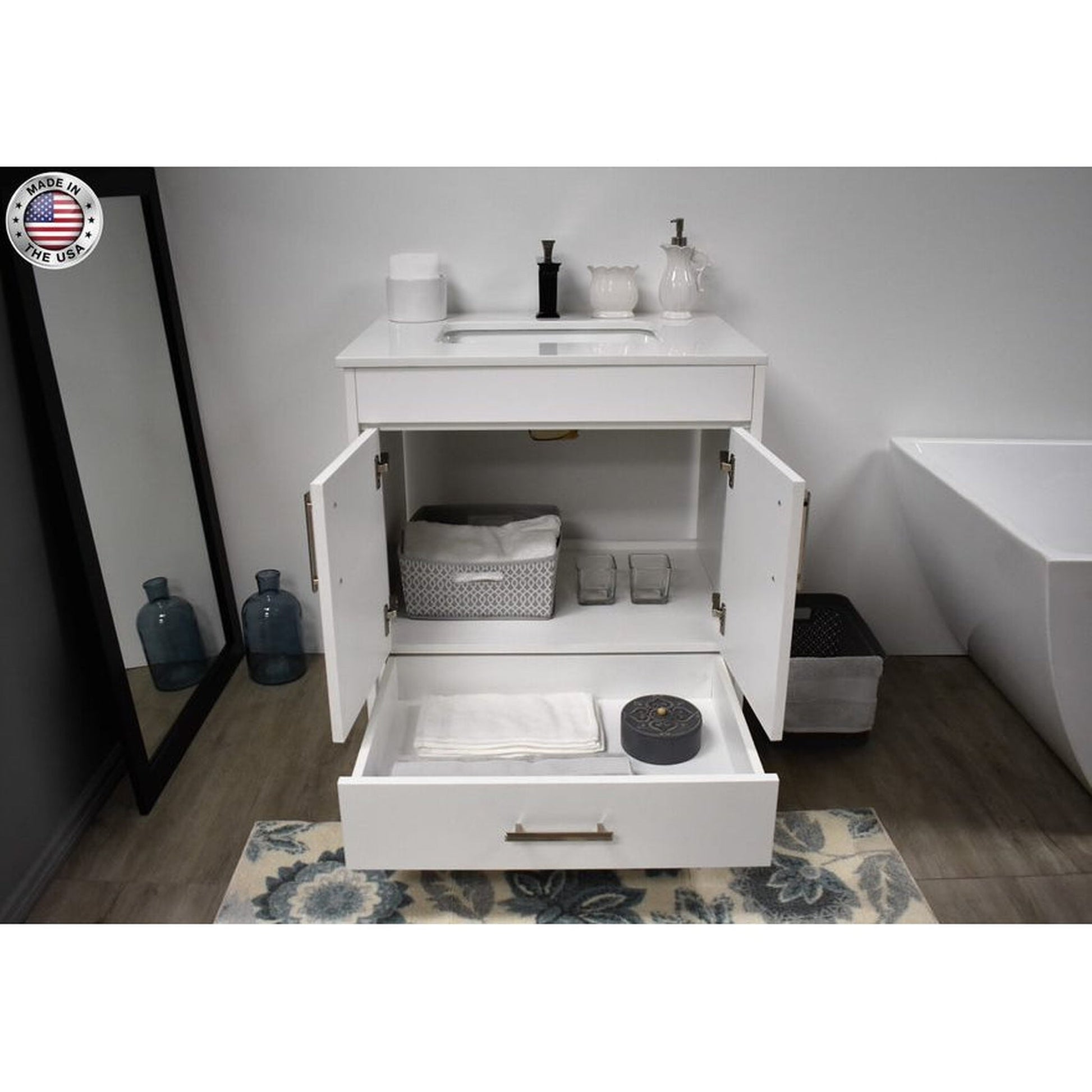 Volpa USA Capri 30" x 22" White Freestanding Modern Bathroom Vanity With Preinstalled Undermount Sink And White Microstone Top With Brushed Nickel Edge Handles