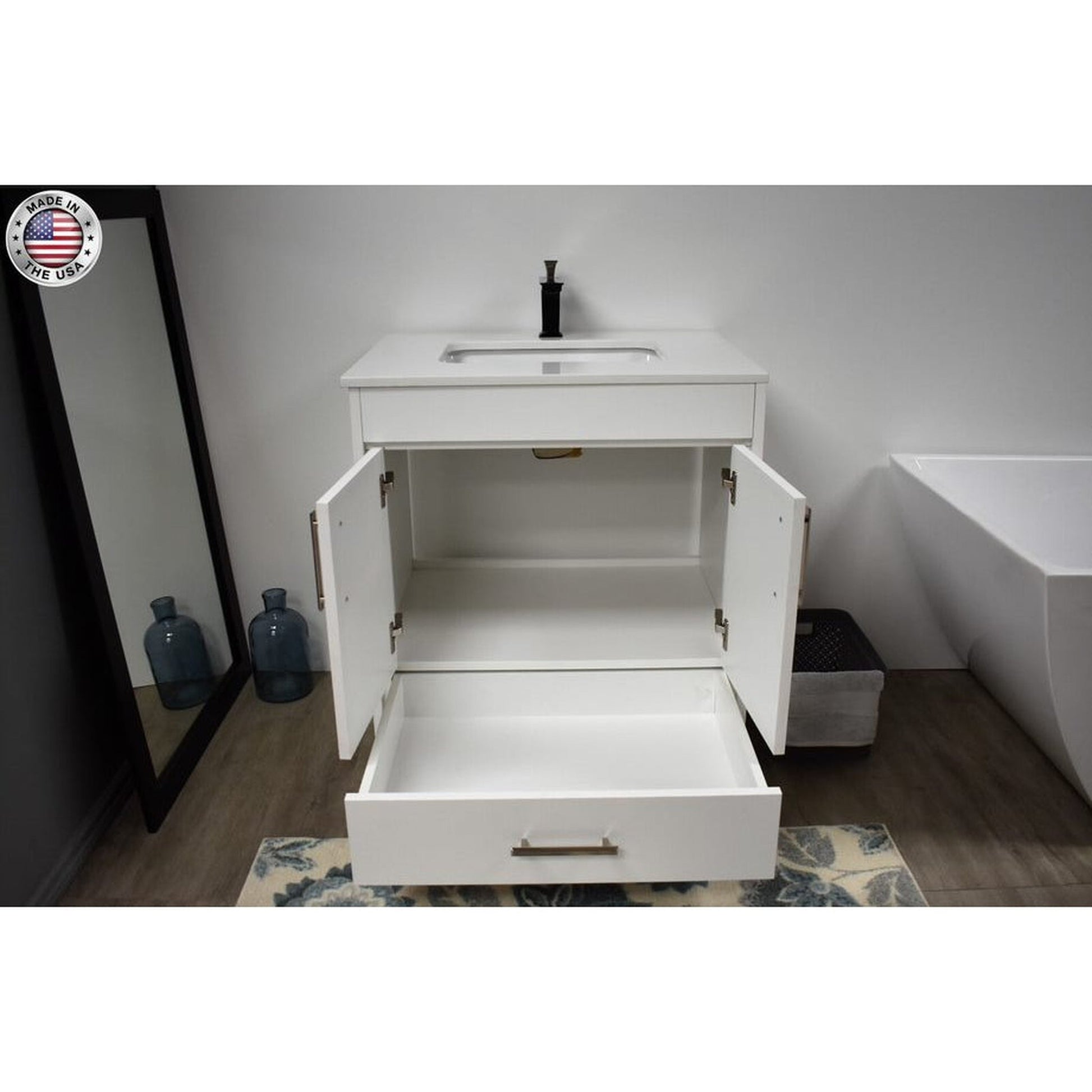 Volpa USA Capri 30" x 22" White Freestanding Modern Bathroom Vanity With Preinstalled Undermount Sink And White Microstone Top With Brushed Nickel Edge Handles