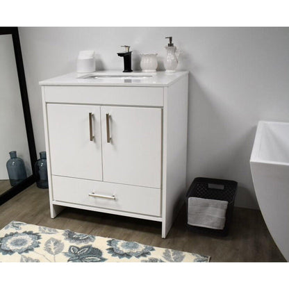 Volpa USA Capri 30" x 22" White Freestanding Modern Bathroom Vanity With Preinstalled Undermount Sink And White Microstone Top With Brushed Nickel Edge Handles