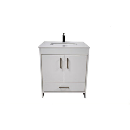 Volpa USA Capri 30" x 22" White Freestanding Modern Bathroom Vanity With Preinstalled Undermount Sink And White Microstone Top With Brushed Nickel Edge Handles