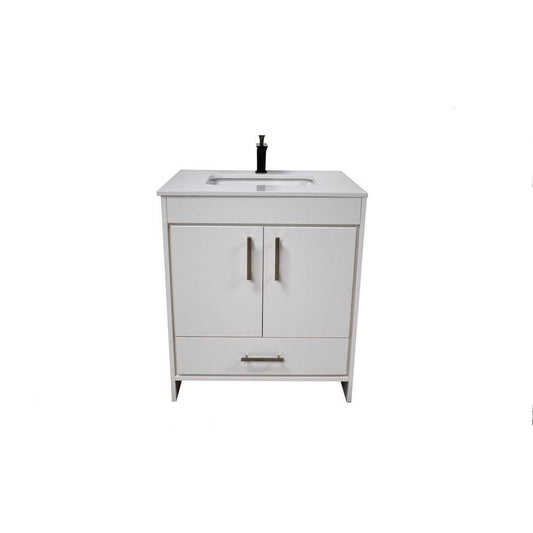 Volpa USA Capri 30" x 22" White Freestanding Modern Bathroom Vanity With Preinstalled Undermount Sink And White Microstone Top With Brushed Nickel Edge Handles