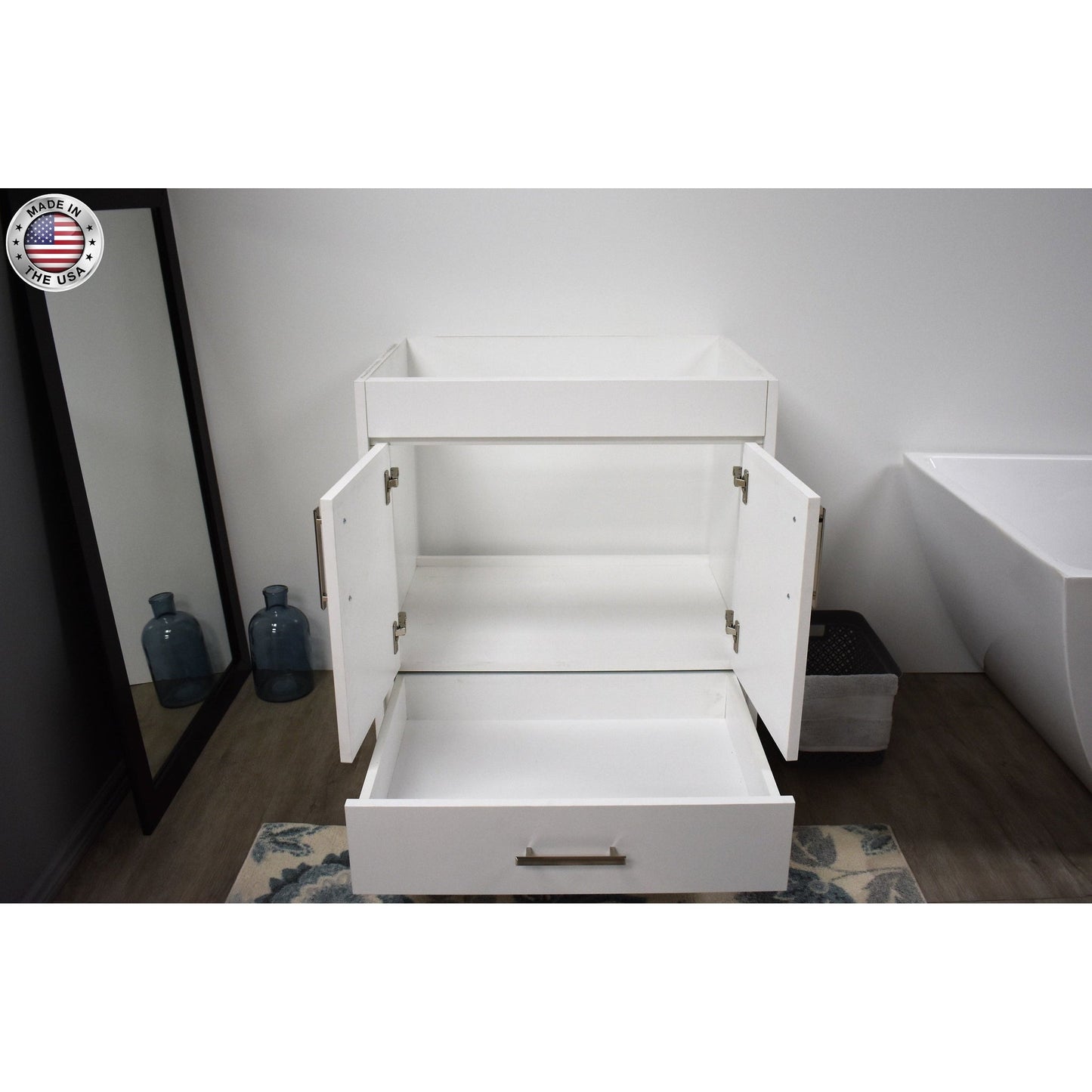 Volpa USA Capri 30" x 22" White Modern Bathroom Vanity With Brushed Nickel Edge Handles