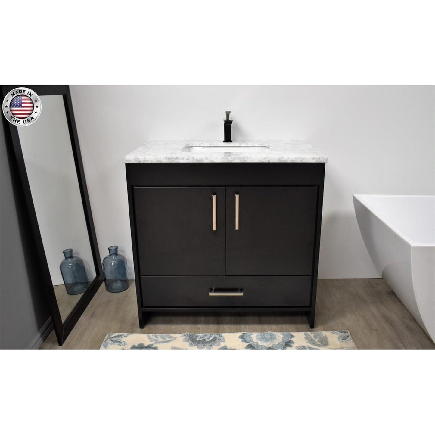 Volpa USA Capri 36" x 22" Black Freestanding Modern Bathroom Vanity With Preinstalled Undermount Sink And Carrara Marble top With Brushed Nickel Edge Handles