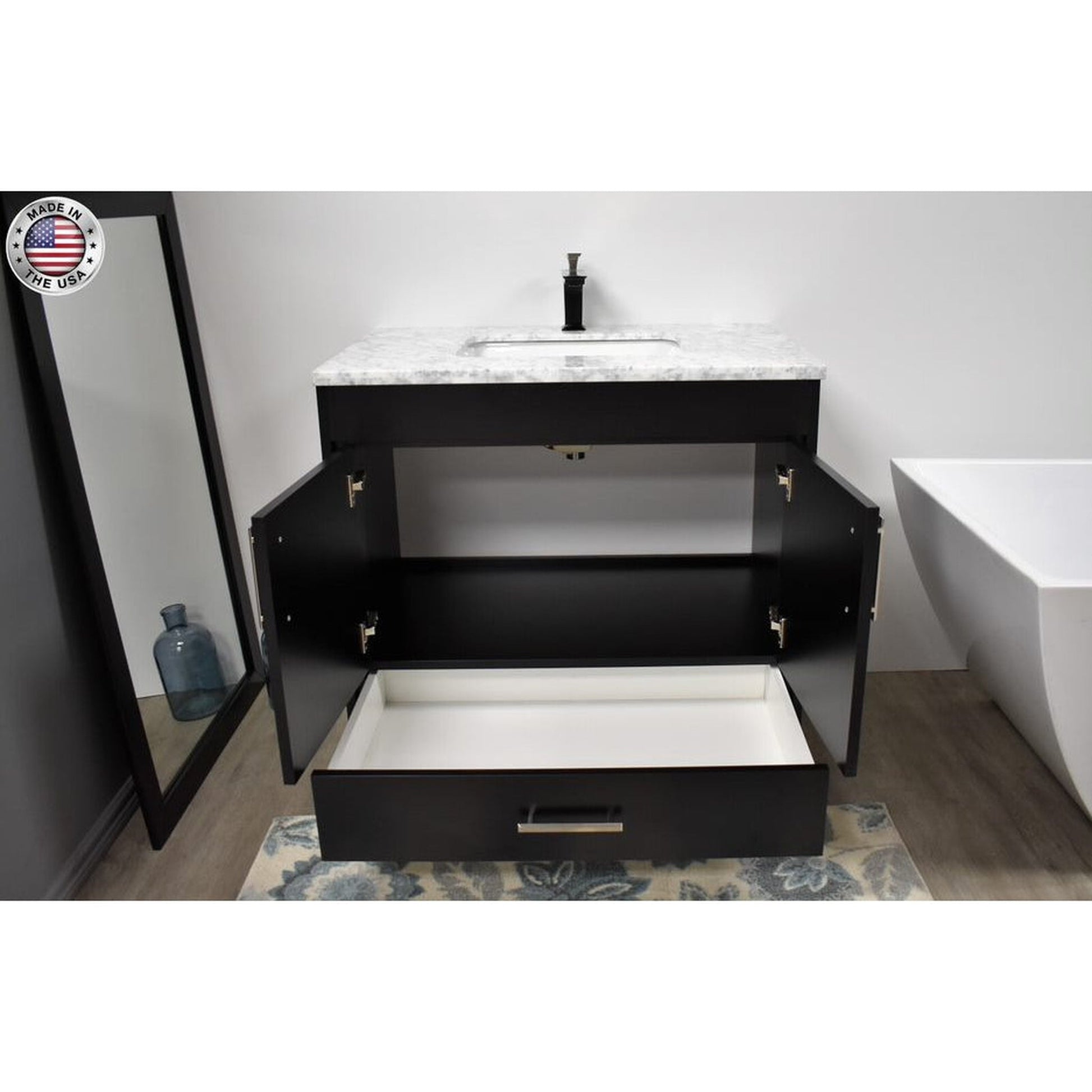 Volpa USA Capri 36" x 22" Black Freestanding Modern Bathroom Vanity With Preinstalled Undermount Sink And Carrara Marble top With Brushed Nickel Edge Handles