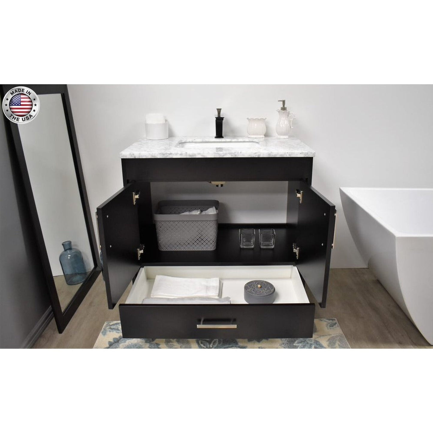 Volpa USA Capri 36" x 22" Black Freestanding Modern Bathroom Vanity With Preinstalled Undermount Sink And Carrara Marble top With Brushed Nickel Edge Handles