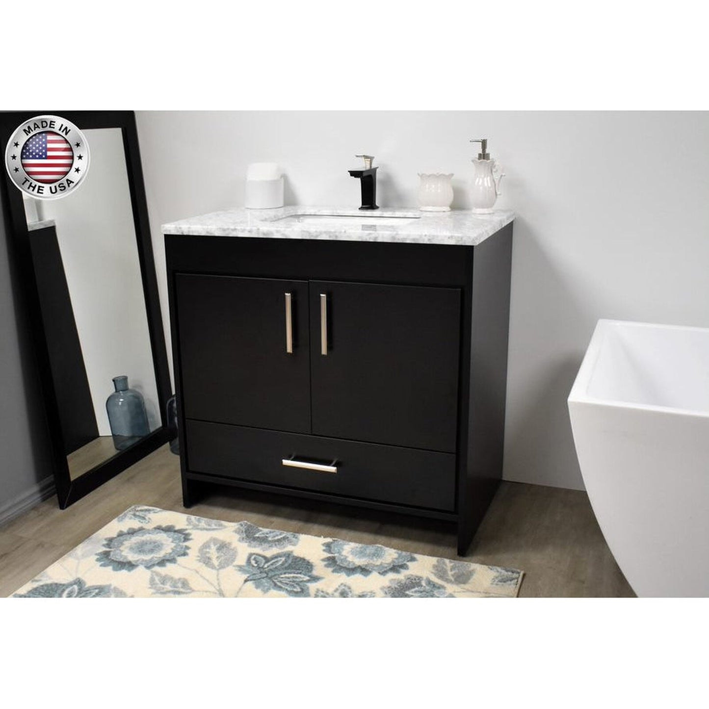 Volpa USA Capri 36" x 22" Black Freestanding Modern Bathroom Vanity With Preinstalled Undermount Sink And Carrara Marble top With Brushed Nickel Edge Handles