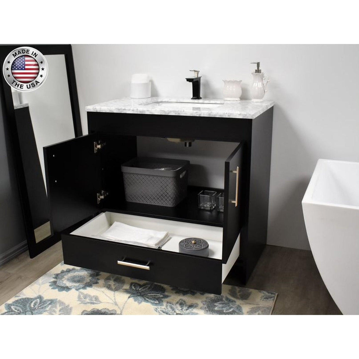 Volpa USA Capri 36" x 22" Black Freestanding Modern Bathroom Vanity With Preinstalled Undermount Sink And Carrara Marble top With Brushed Nickel Edge Handles