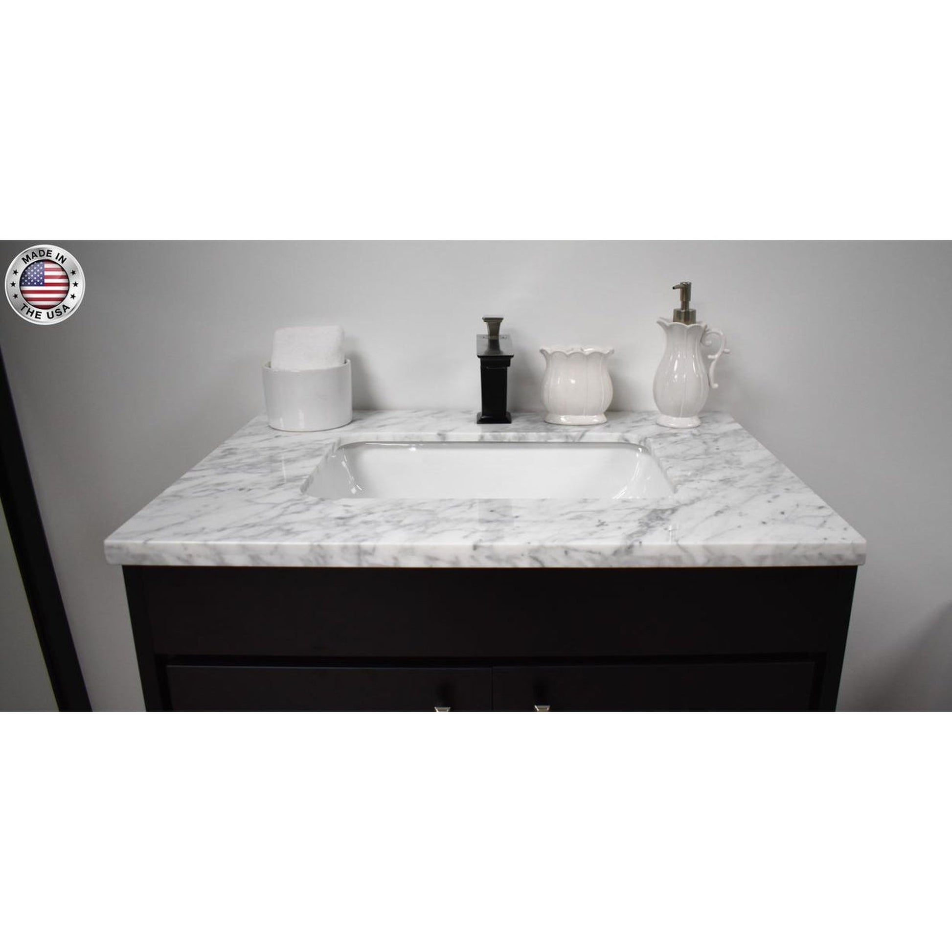 Volpa USA Capri 36" x 22" Black Freestanding Modern Bathroom Vanity With Preinstalled Undermount Sink And Carrara Marble top With Brushed Nickel Edge Handles
