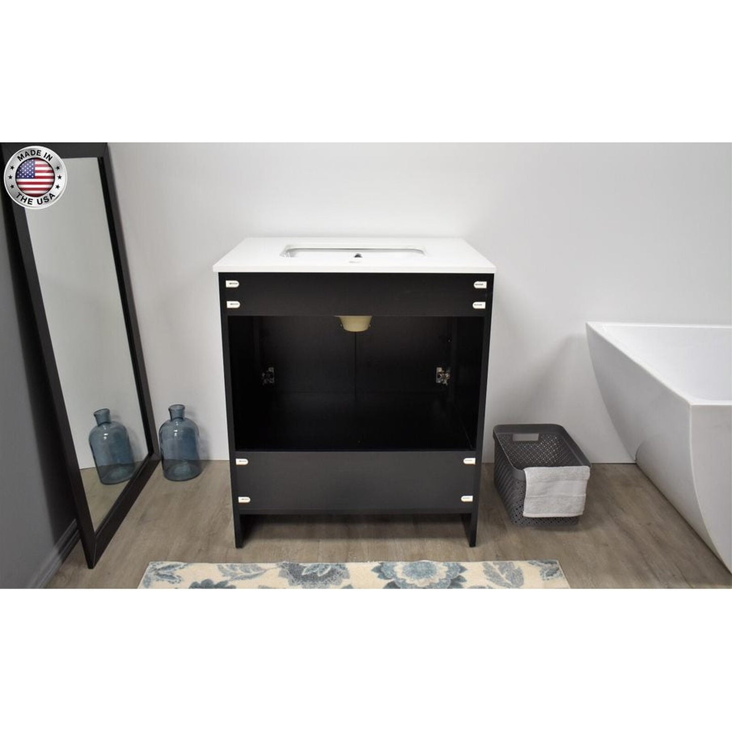 Volpa USA Capri 36" x 22" Black Freestanding Modern Bathroom Vanity With Preinstalled Undermount Sink And White Microstone Top With Brushed Nickel Edge Handles