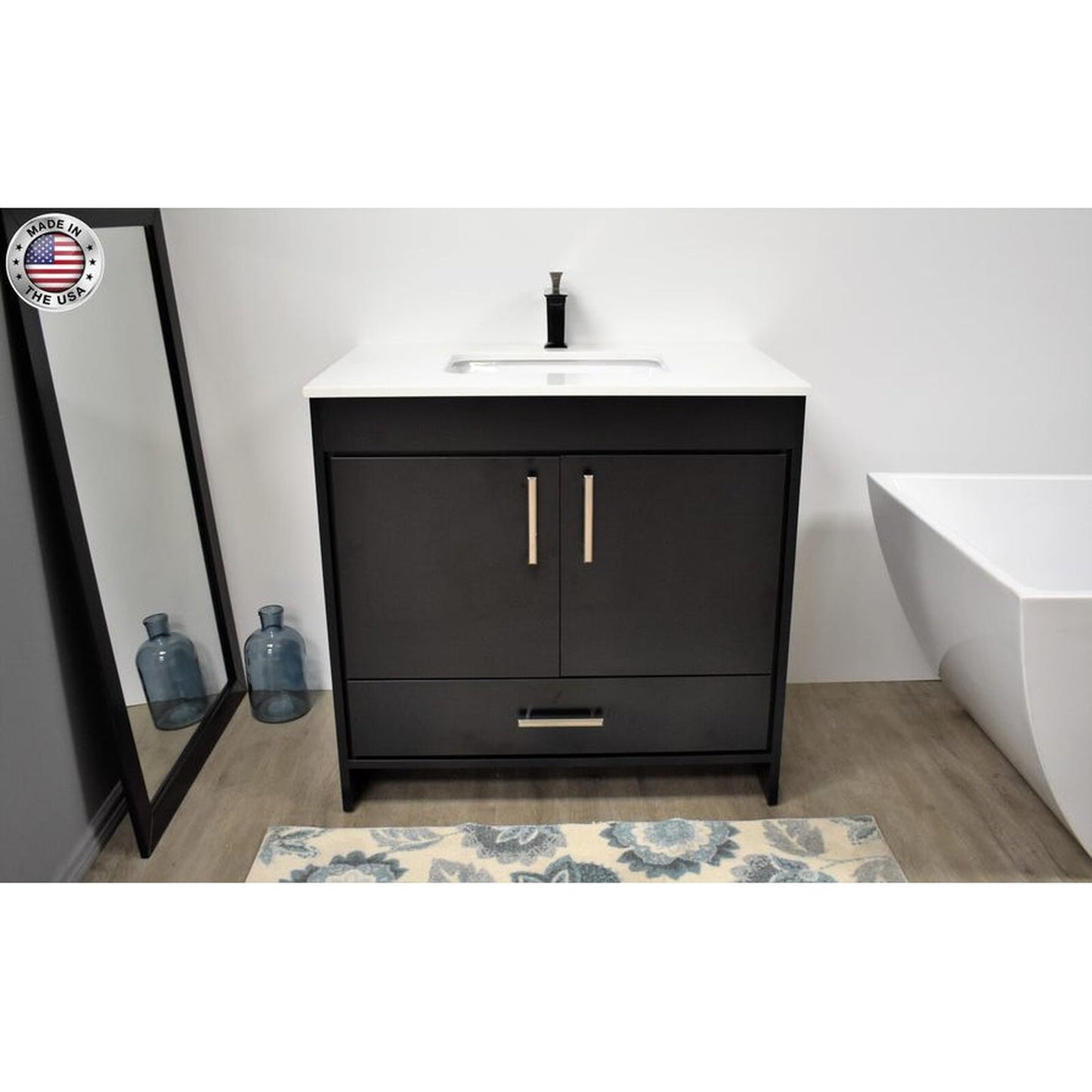 Volpa USA Capri 36" x 22" Black Freestanding Modern Bathroom Vanity With Preinstalled Undermount Sink And White Microstone Top With Brushed Nickel Edge Handles