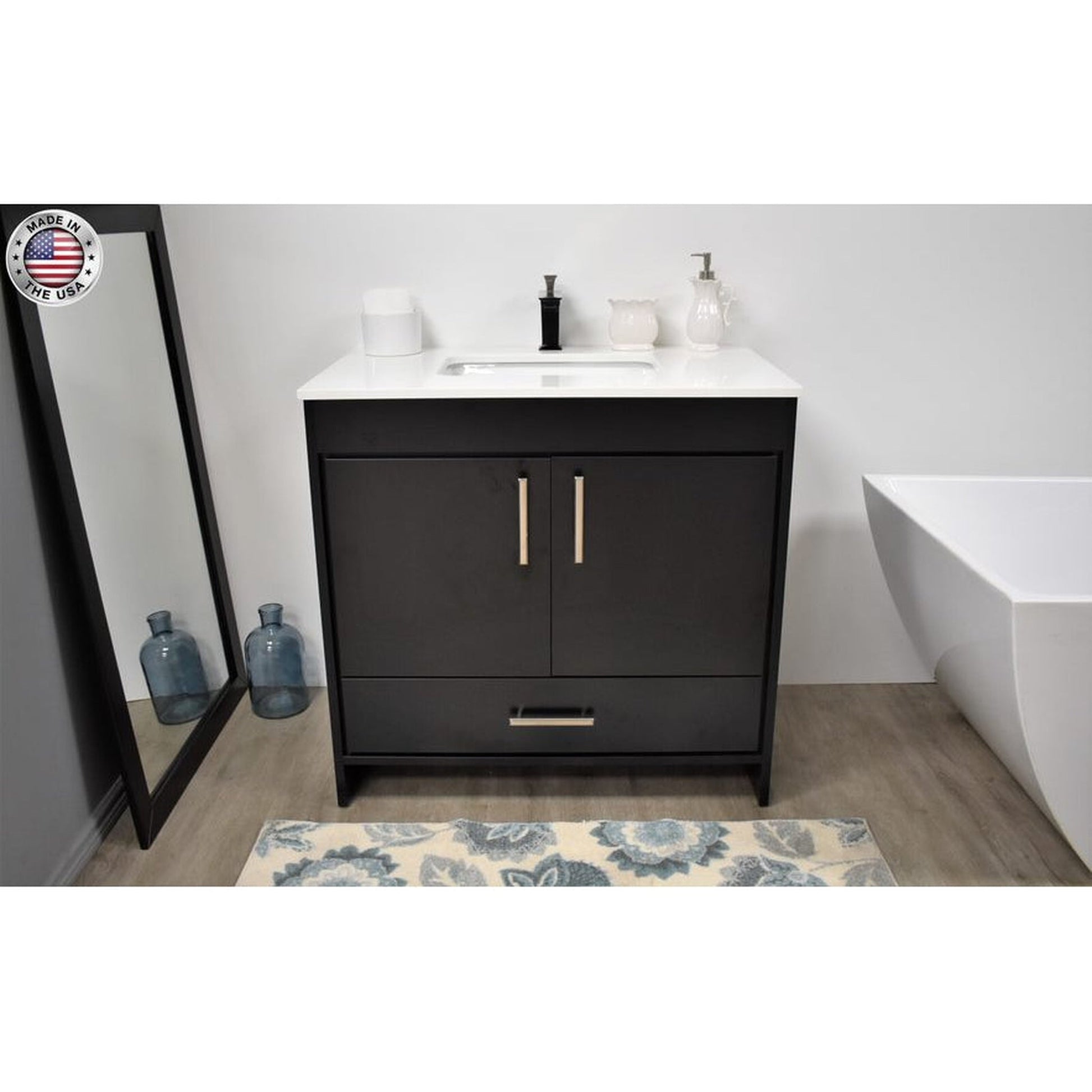 Volpa USA Capri 36" x 22" Black Freestanding Modern Bathroom Vanity With Preinstalled Undermount Sink And White Microstone Top With Brushed Nickel Edge Handles