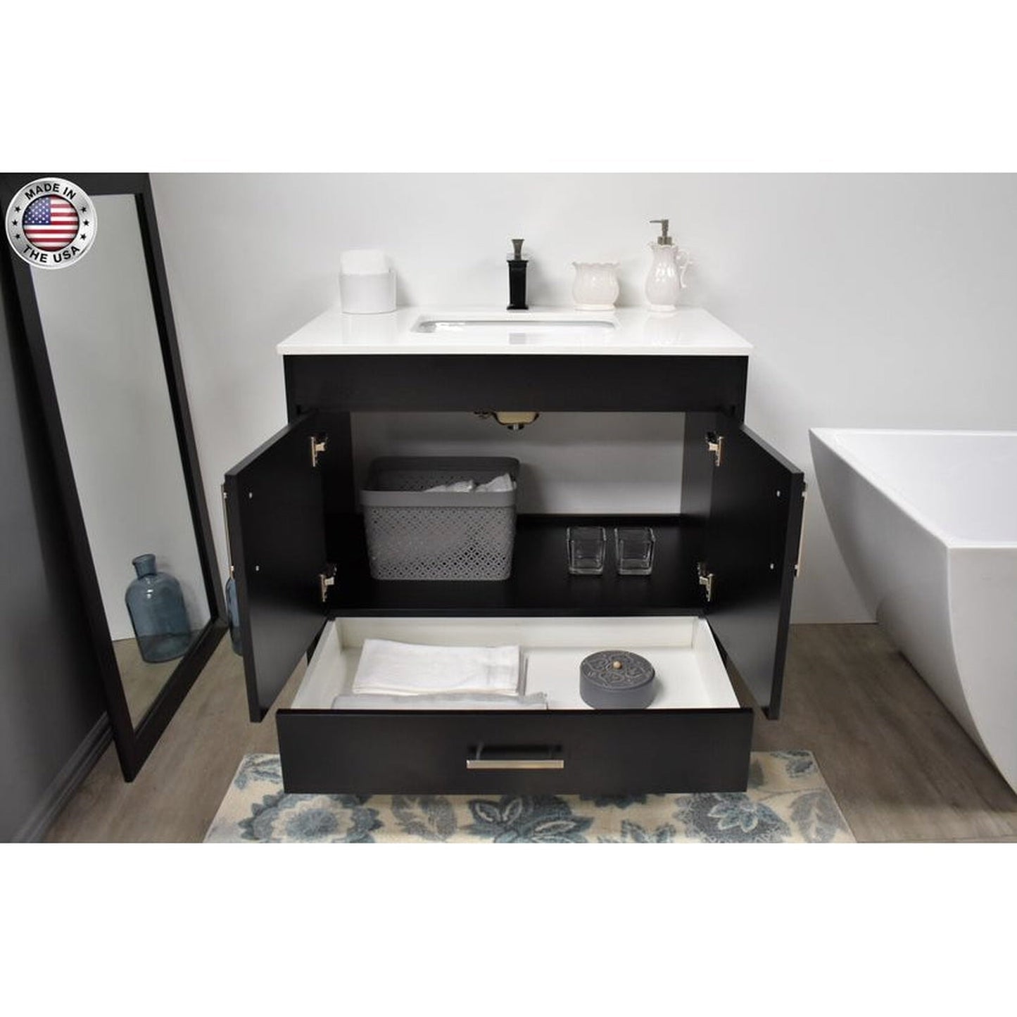 Volpa USA Capri 36" x 22" Black Freestanding Modern Bathroom Vanity With Preinstalled Undermount Sink And White Microstone Top With Brushed Nickel Edge Handles