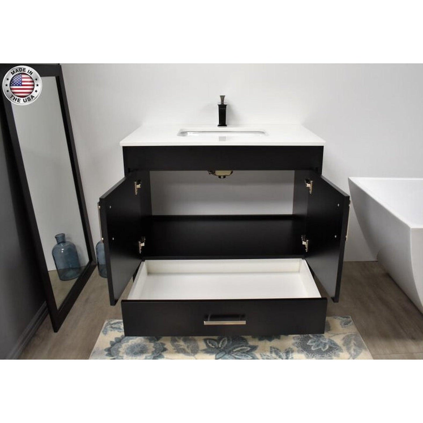 Volpa USA Capri 36" x 22" Black Freestanding Modern Bathroom Vanity With Preinstalled Undermount Sink And White Microstone Top With Brushed Nickel Edge Handles