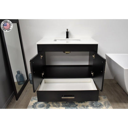 Volpa USA Capri 36" x 22" Black Freestanding Modern Bathroom Vanity With Preinstalled Undermount Sink And White Microstone Top With Brushed Nickel Edge Handles