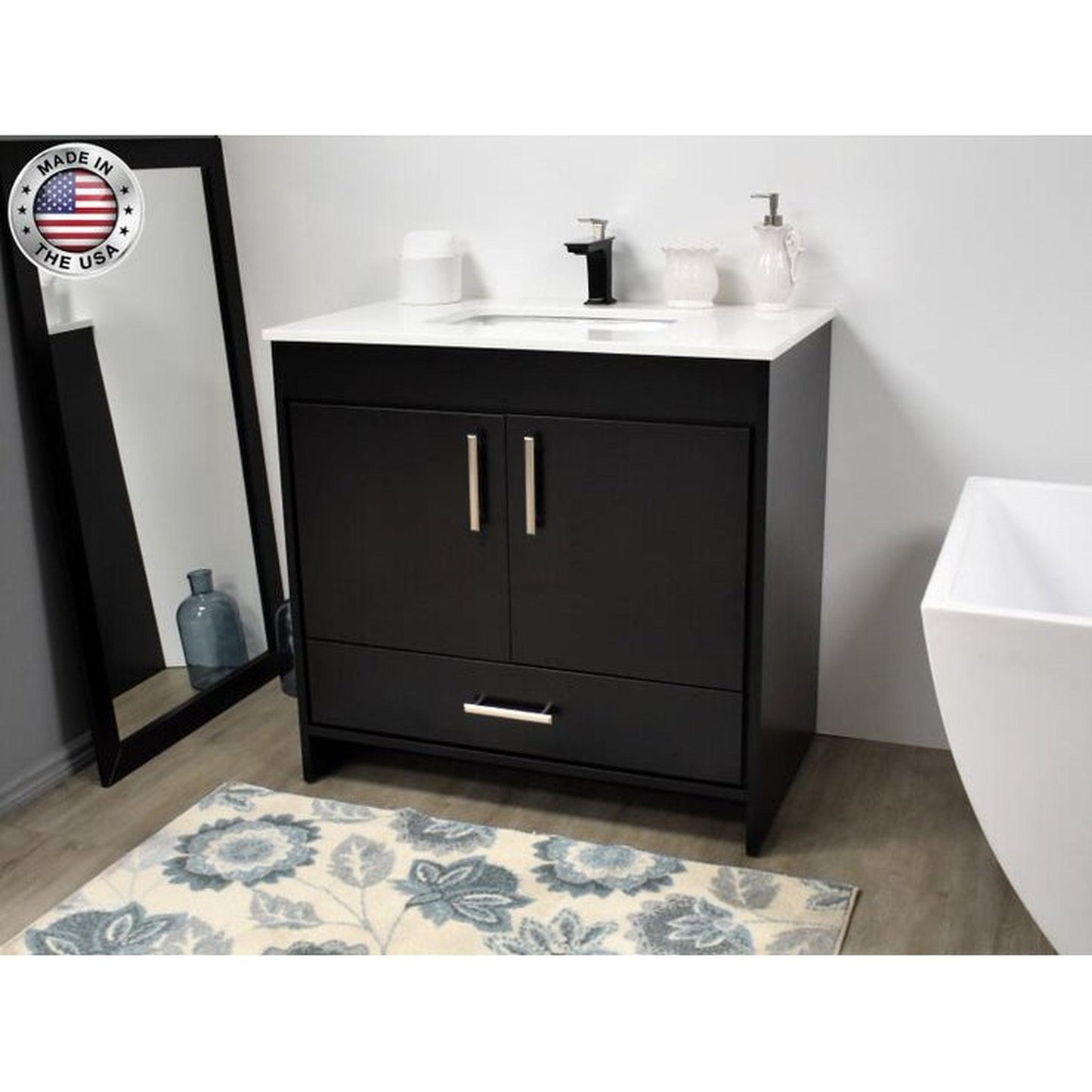 Volpa USA Capri 36" x 22" Black Freestanding Modern Bathroom Vanity With Preinstalled Undermount Sink And White Microstone Top With Brushed Nickel Edge Handles