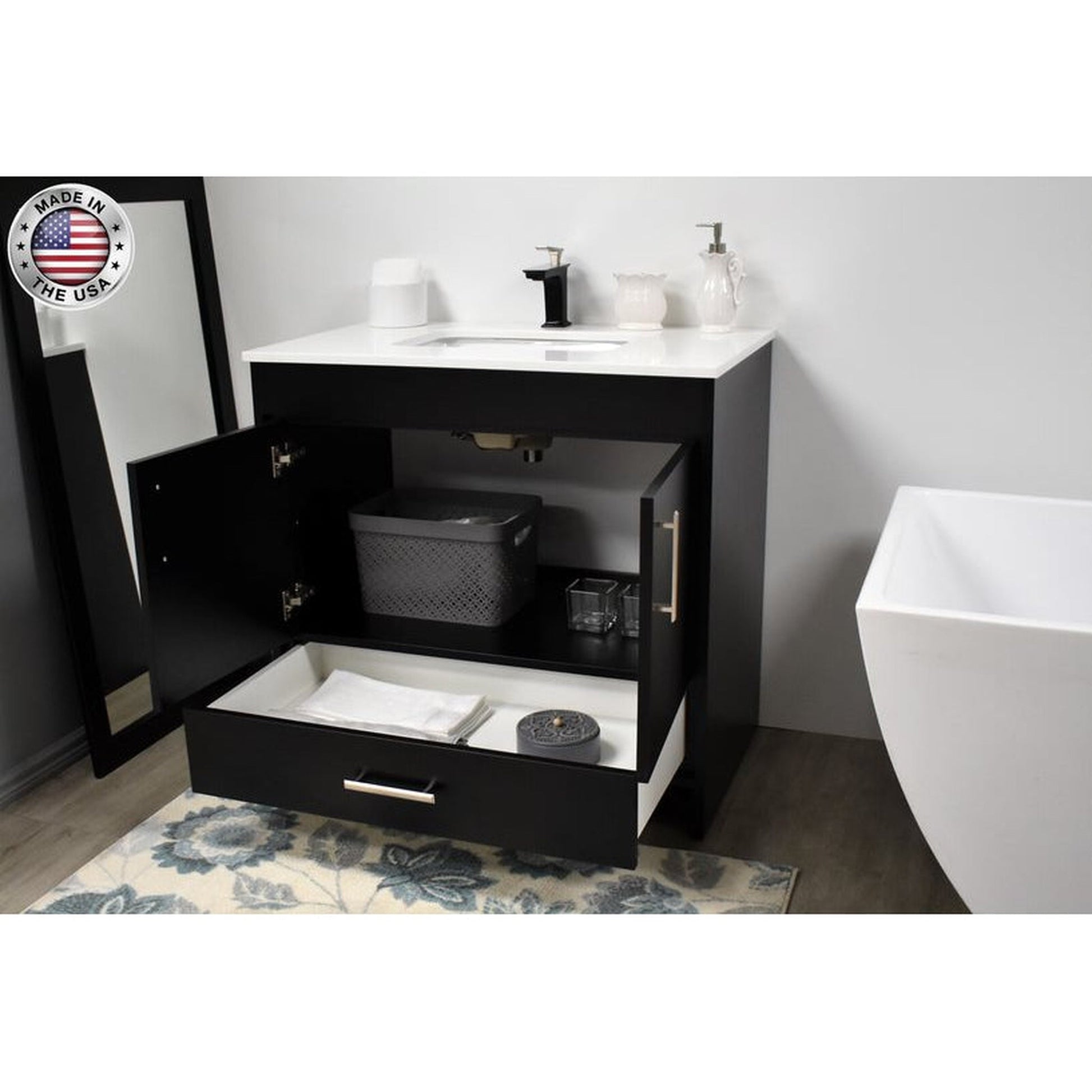 Volpa USA Capri 36" x 22" Black Freestanding Modern Bathroom Vanity With Preinstalled Undermount Sink And White Microstone Top With Brushed Nickel Edge Handles