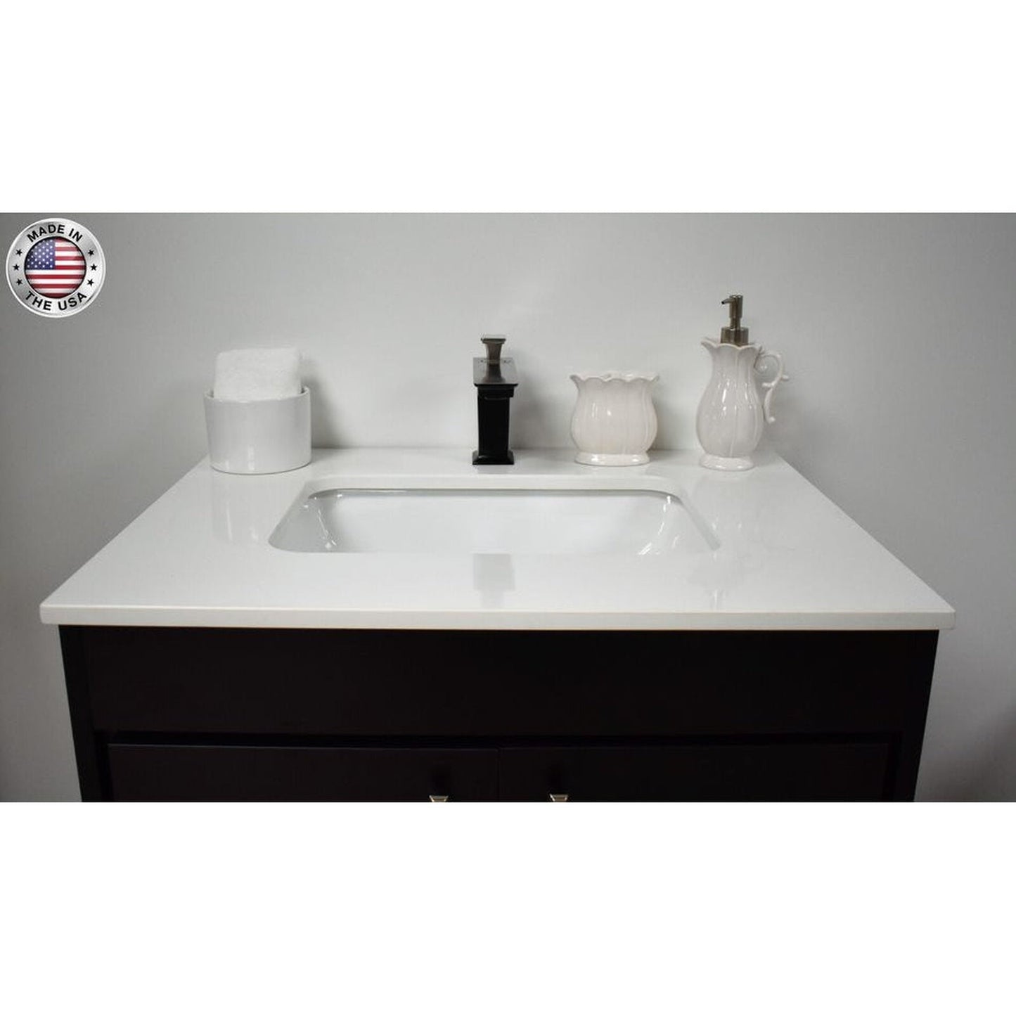 Volpa USA Capri 36" x 22" Black Freestanding Modern Bathroom Vanity With Preinstalled Undermount Sink And White Microstone Top With Brushed Nickel Edge Handles