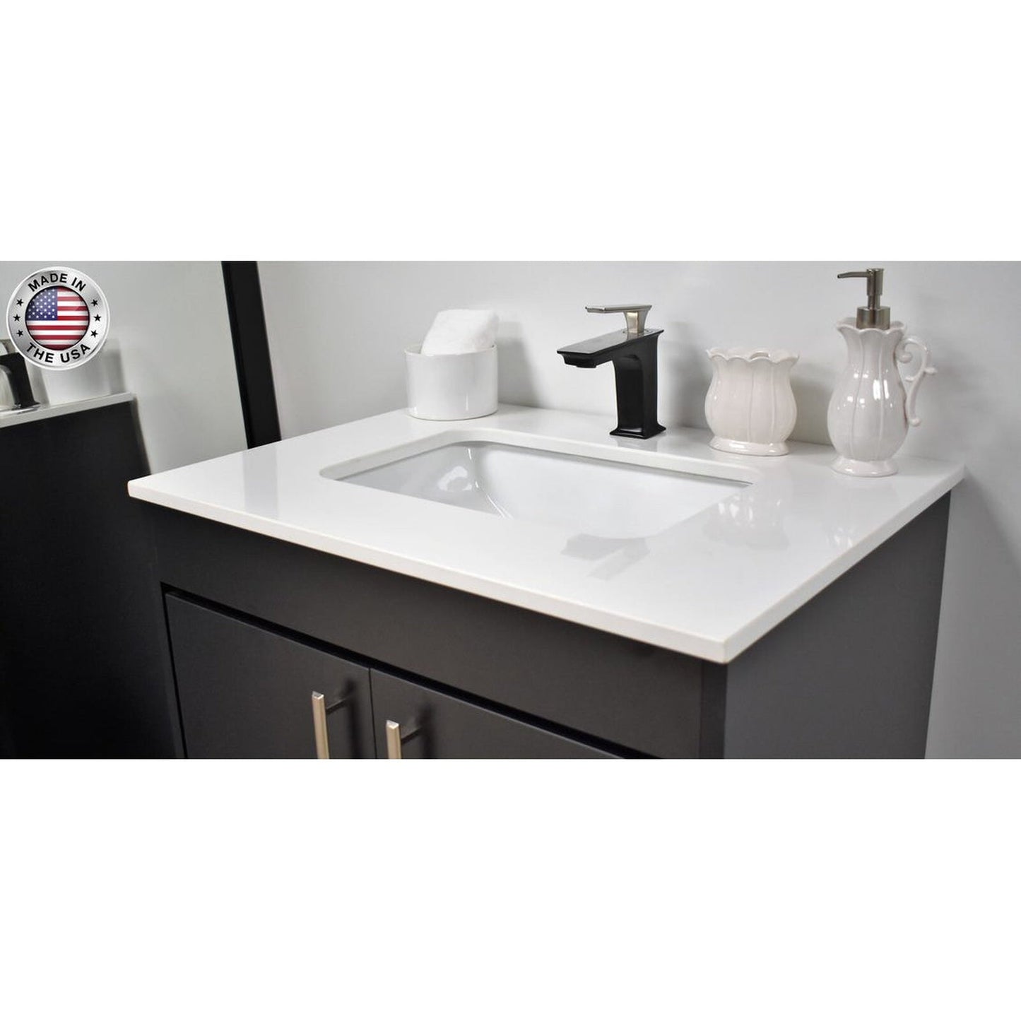 Volpa USA Capri 36" x 22" Black Freestanding Modern Bathroom Vanity With Preinstalled Undermount Sink And White Microstone Top With Brushed Nickel Edge Handles