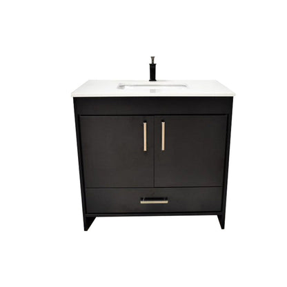 Volpa USA Capri 36" x 22" Black Freestanding Modern Bathroom Vanity With Preinstalled Undermount Sink And White Microstone Top With Brushed Nickel Edge Handles