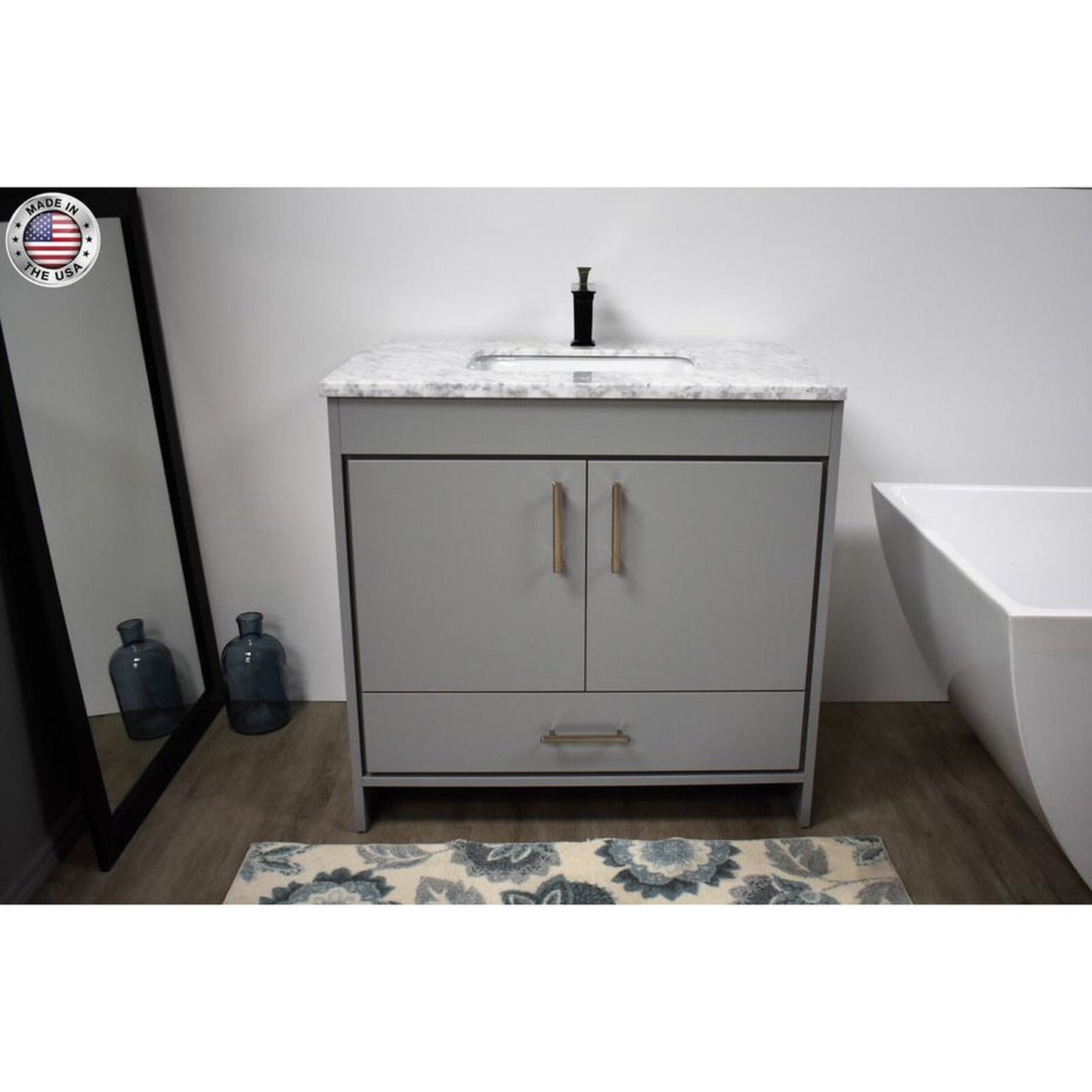 Volpa USA Capri 36" x 22" Gray Freestanding Modern Bathroom Vanity With Preinstalled Undermount Sink And Carrara Marble top With Brushed Nickel Edge Handles