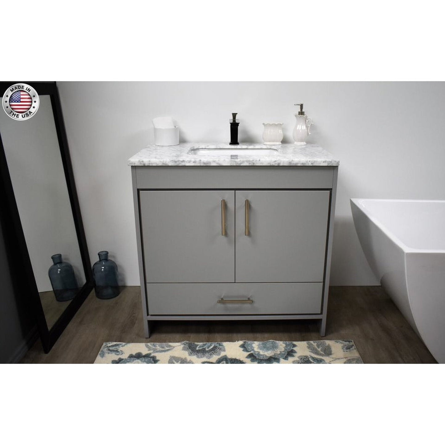 Volpa USA Capri 36" x 22" Gray Freestanding Modern Bathroom Vanity With Preinstalled Undermount Sink And Carrara Marble top With Brushed Nickel Edge Handles