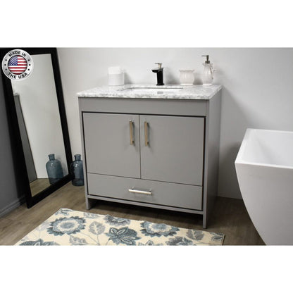 Volpa USA Capri 36" x 22" Gray Freestanding Modern Bathroom Vanity With Preinstalled Undermount Sink And Carrara Marble top With Brushed Nickel Edge Handles