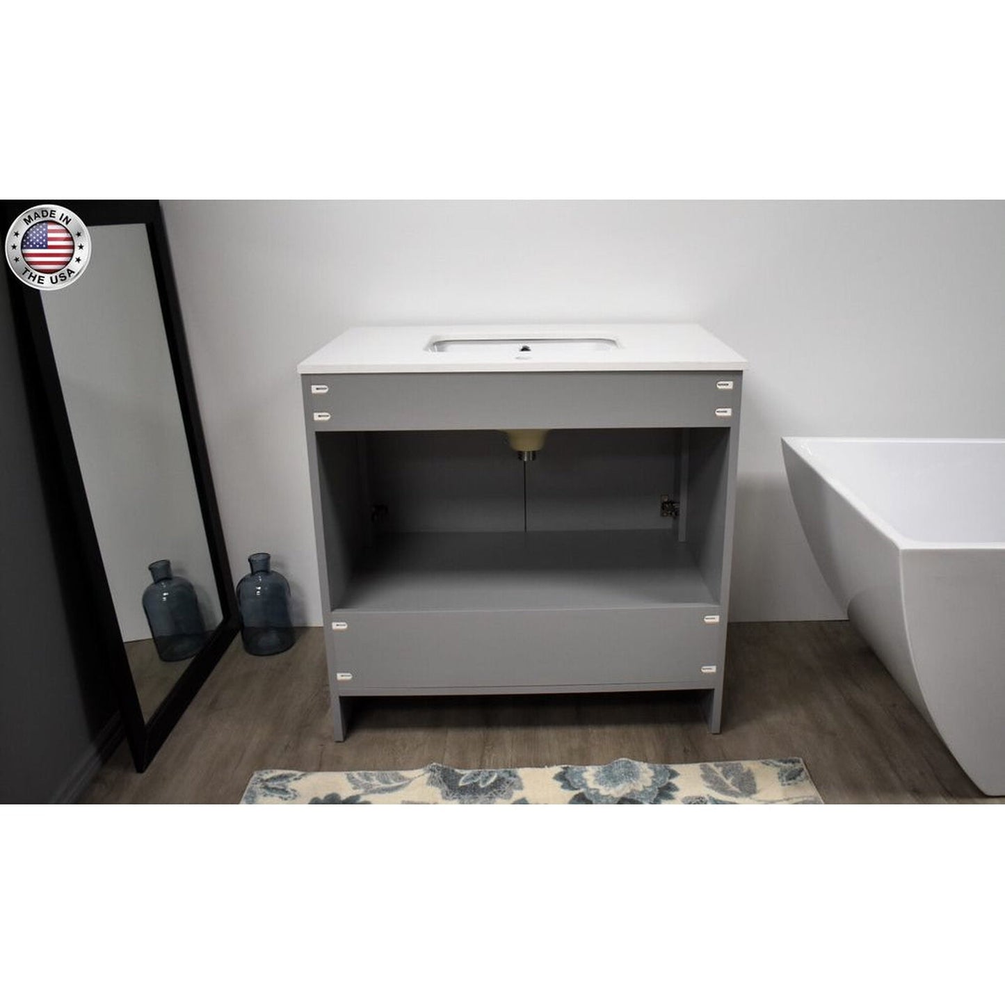 Volpa USA Capri 36" x 22" Gray Freestanding Modern Bathroom Vanity With Preinstalled Undermount Sink And White Microstone Top With Brushed Nickel Edge Handles