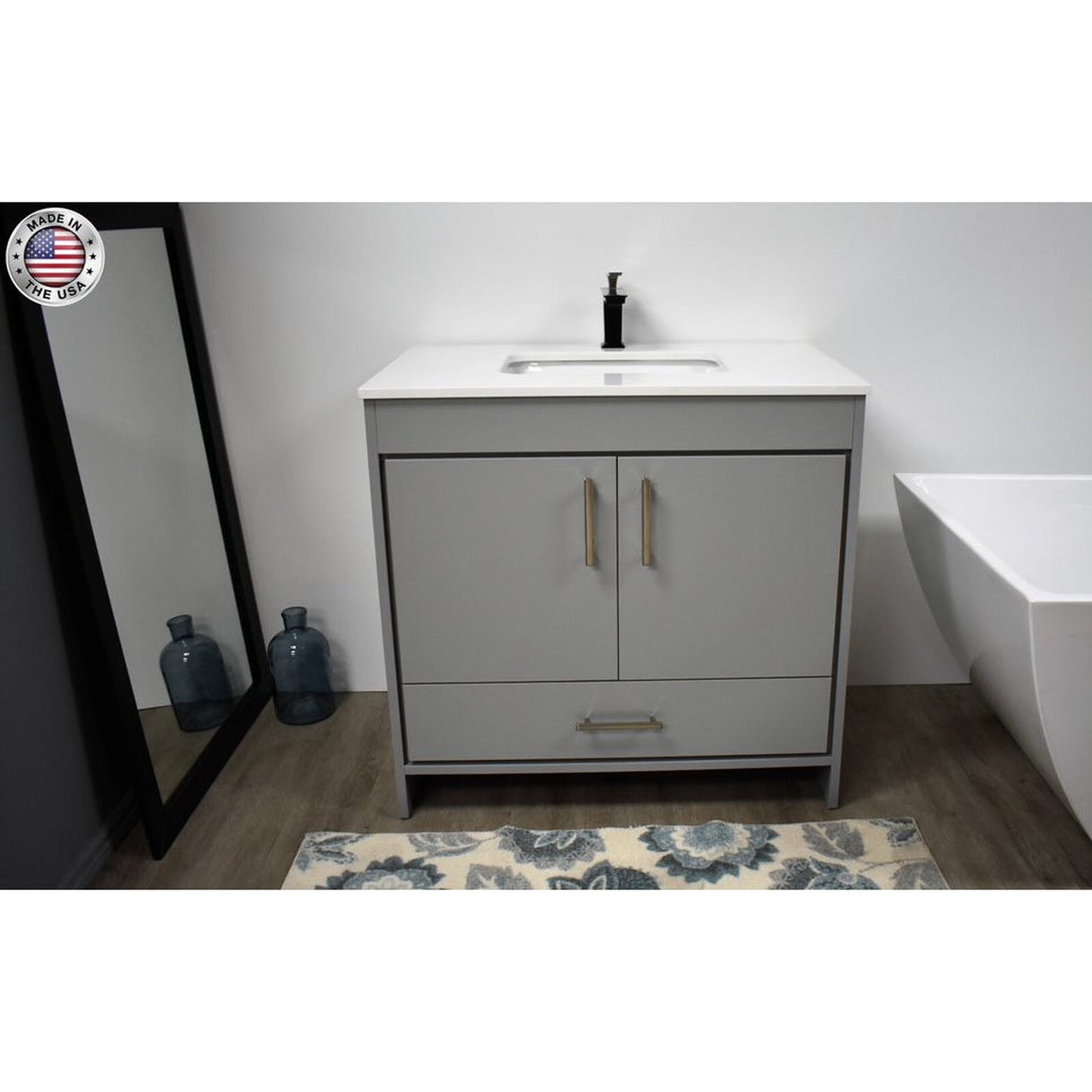 Volpa USA Capri 36" x 22" Gray Freestanding Modern Bathroom Vanity With Preinstalled Undermount Sink And White Microstone Top With Brushed Nickel Edge Handles