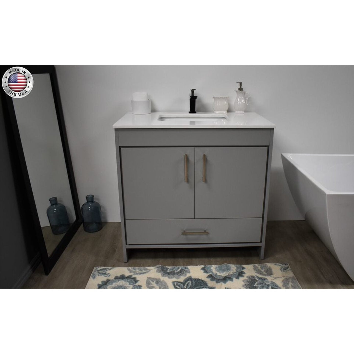 Volpa USA Capri 36" x 22" Gray Freestanding Modern Bathroom Vanity With Preinstalled Undermount Sink And White Microstone Top With Brushed Nickel Edge Handles