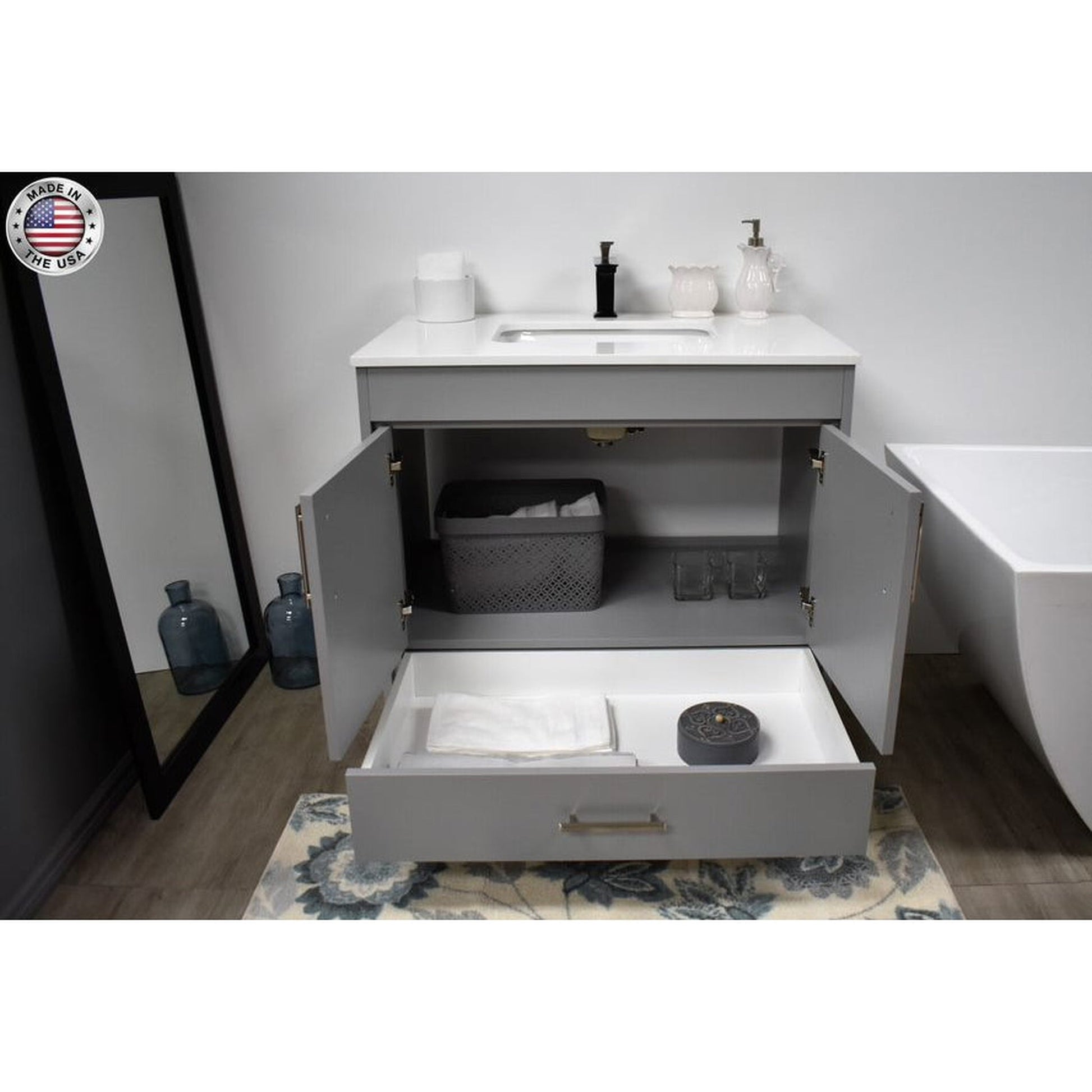 Volpa USA Capri 36" x 22" Gray Freestanding Modern Bathroom Vanity With Preinstalled Undermount Sink And White Microstone Top With Brushed Nickel Edge Handles