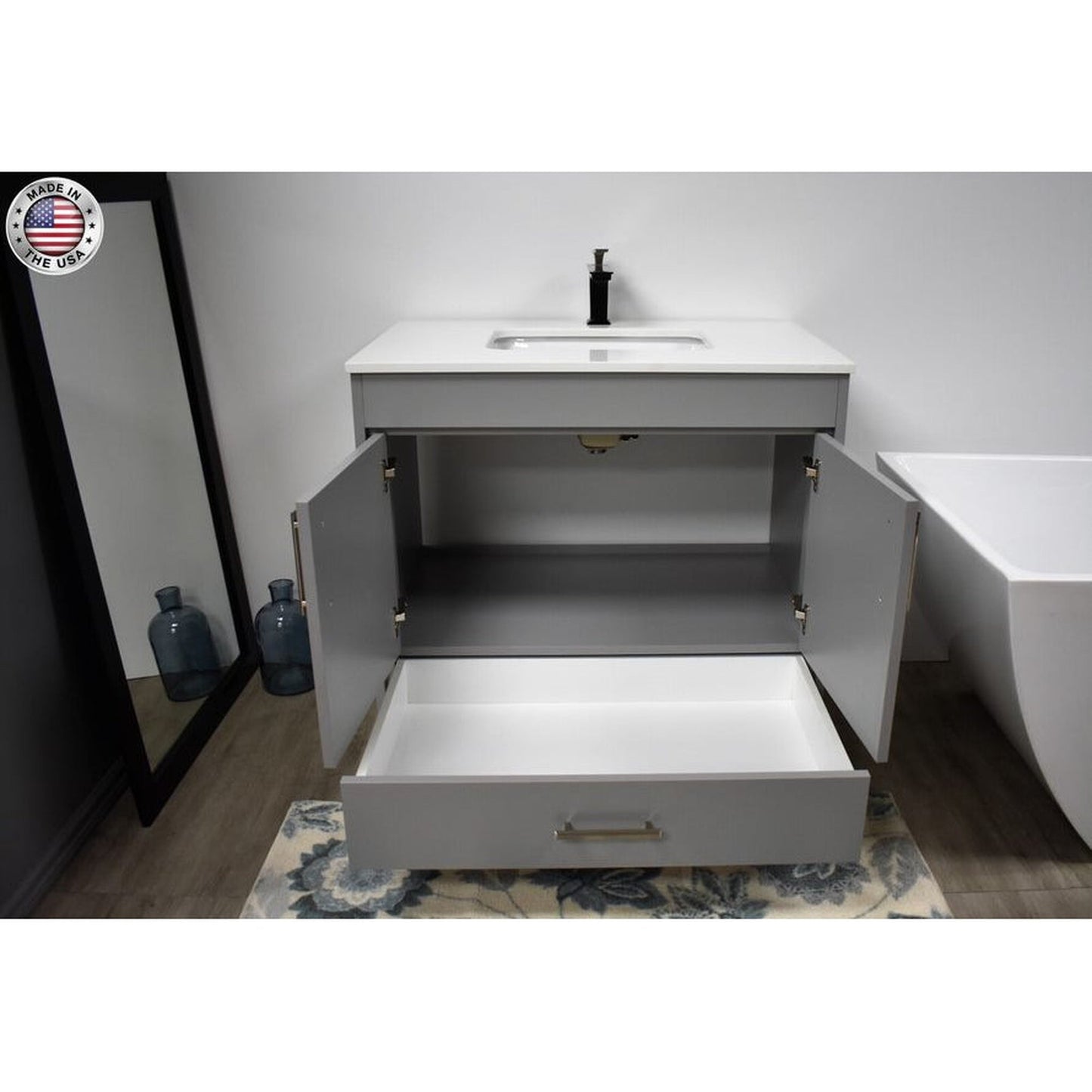 Volpa USA Capri 36" x 22" Gray Freestanding Modern Bathroom Vanity With Preinstalled Undermount Sink And White Microstone Top With Brushed Nickel Edge Handles