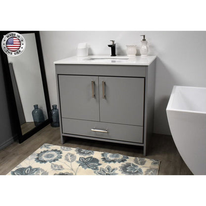 Volpa USA Capri 36" x 22" Gray Freestanding Modern Bathroom Vanity With Preinstalled Undermount Sink And White Microstone Top With Brushed Nickel Edge Handles