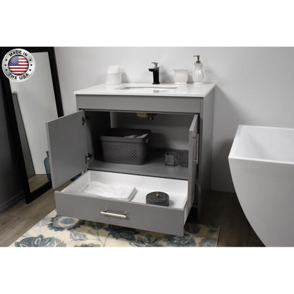 Volpa USA Capri 36" x 22" Gray Freestanding Modern Bathroom Vanity With Preinstalled Undermount Sink And White Microstone Top With Brushed Nickel Edge Handles