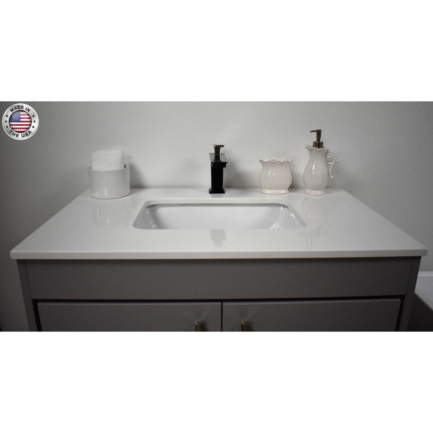 Volpa USA Capri 36" x 22" Gray Freestanding Modern Bathroom Vanity With Preinstalled Undermount Sink And White Microstone Top With Brushed Nickel Edge Handles