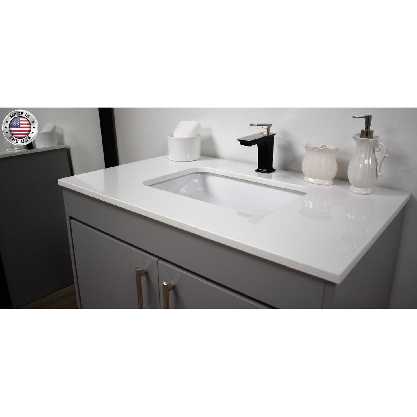 Volpa USA Capri 36" x 22" Gray Freestanding Modern Bathroom Vanity With Preinstalled Undermount Sink And White Microstone Top With Brushed Nickel Edge Handles