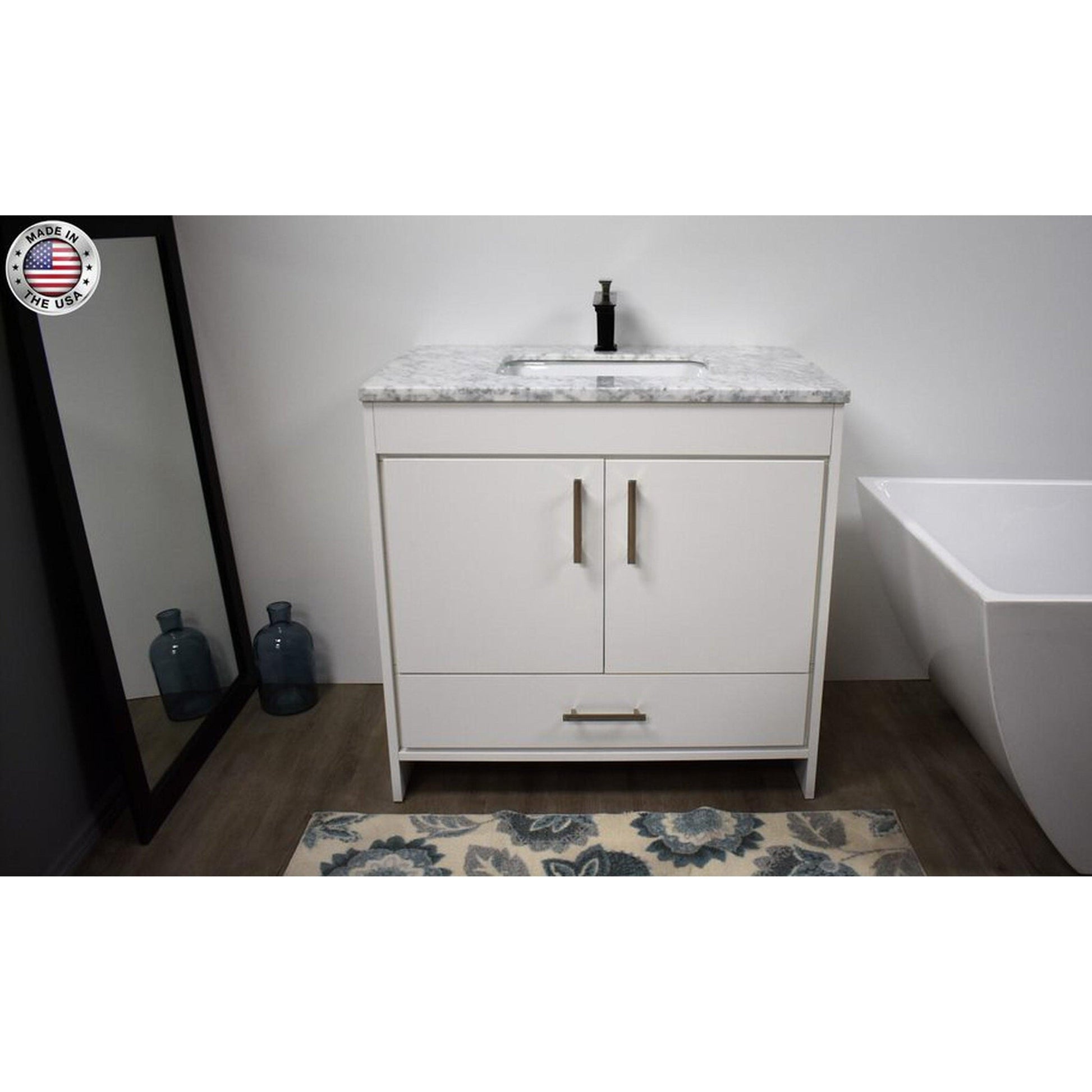 Volpa USA Capri 36" x 22" White Freestanding Modern Bathroom Vanity With Preinstalled Undermount Sink And Carrara Marble top With Brushed Nickel Edge Handles