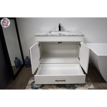 Volpa USA Capri 36" x 22" White Freestanding Modern Bathroom Vanity With Preinstalled Undermount Sink And Carrara Marble top With Brushed Nickel Edge Handles