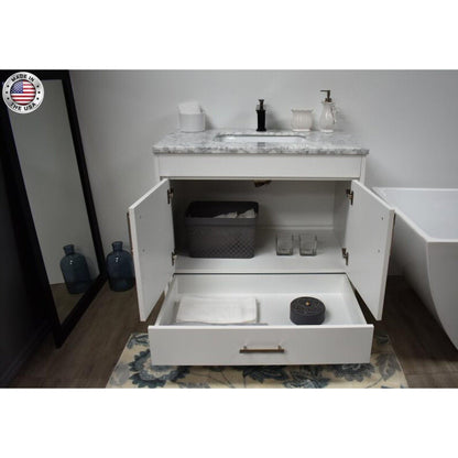 Volpa USA Capri 36" x 22" White Freestanding Modern Bathroom Vanity With Preinstalled Undermount Sink And Carrara Marble top With Brushed Nickel Edge Handles