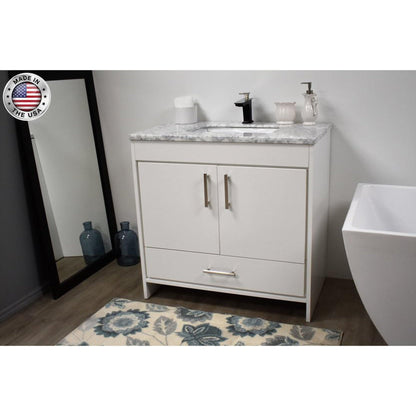 Volpa USA Capri 36" x 22" White Freestanding Modern Bathroom Vanity With Preinstalled Undermount Sink And Carrara Marble top With Brushed Nickel Edge Handles