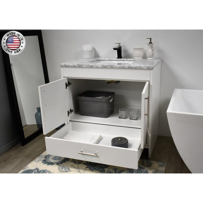 Volpa USA Capri 36" x 22" White Freestanding Modern Bathroom Vanity With Preinstalled Undermount Sink And Carrara Marble top With Brushed Nickel Edge Handles