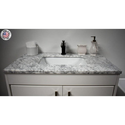 Volpa USA Capri 36" x 22" White Freestanding Modern Bathroom Vanity With Preinstalled Undermount Sink And Carrara Marble top With Brushed Nickel Edge Handles