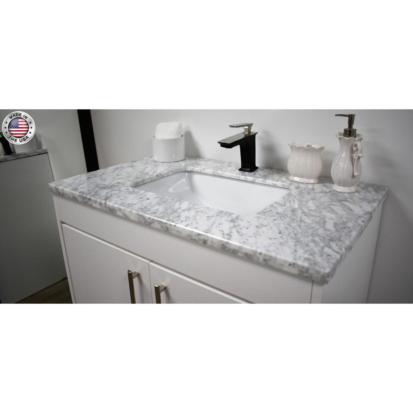 Volpa USA Capri 36" x 22" White Freestanding Modern Bathroom Vanity With Preinstalled Undermount Sink And Carrara Marble top With Brushed Nickel Edge Handles