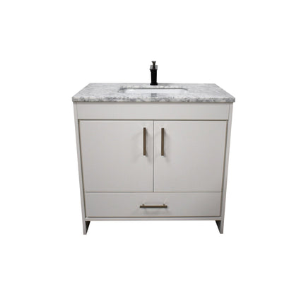 Volpa USA Capri 36" x 22" White Freestanding Modern Bathroom Vanity With Preinstalled Undermount Sink And Carrara Marble top With Brushed Nickel Edge Handles