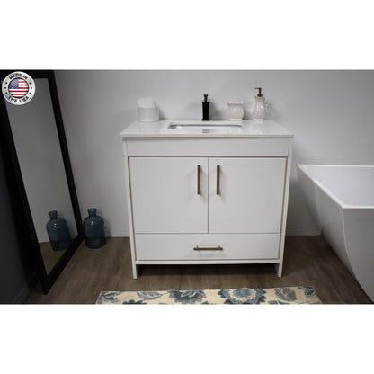 Volpa USA Capri 36" x 22" White Freestanding Modern Bathroom Vanity With Preinstalled Undermount Sink And White Microstone Top With Brushed Nickel Edge Handles