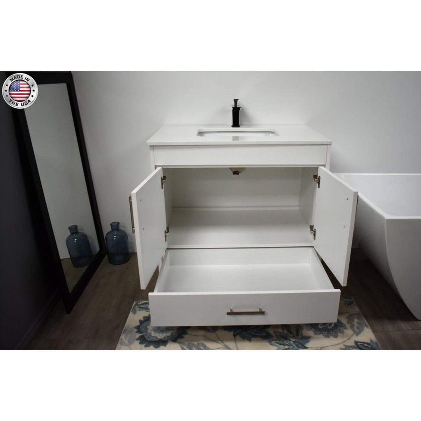 Volpa USA Capri 36" x 22" White Freestanding Modern Bathroom Vanity With Preinstalled Undermount Sink And White Microstone Top With Brushed Nickel Edge Handles