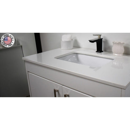 Volpa USA Capri 36" x 22" White Freestanding Modern Bathroom Vanity With Preinstalled Undermount Sink And White Microstone Top With Brushed Nickel Edge Handles