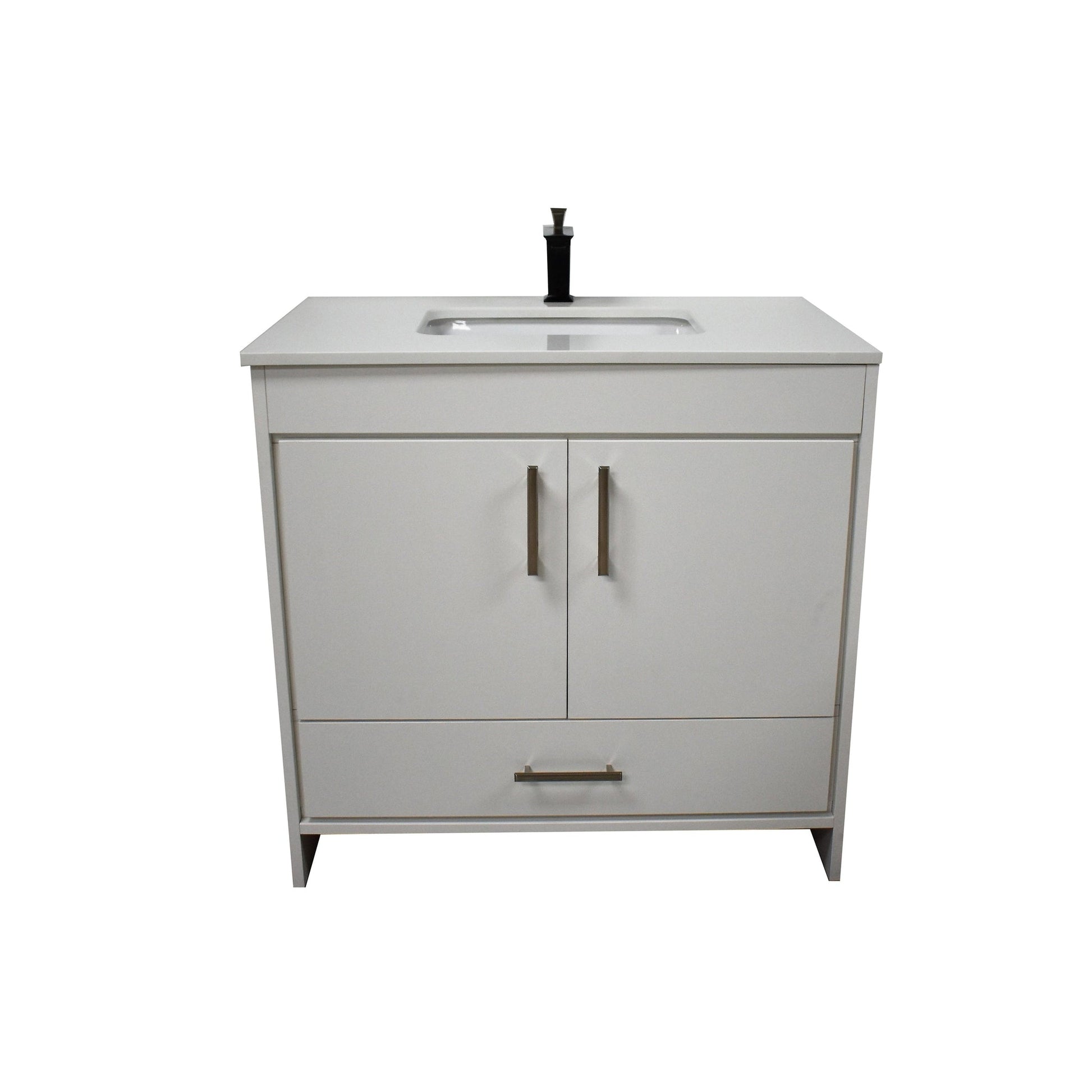 Volpa USA Capri 36" x 22" White Freestanding Modern Bathroom Vanity With Preinstalled Undermount Sink And White Microstone Top With Brushed Nickel Edge Handles