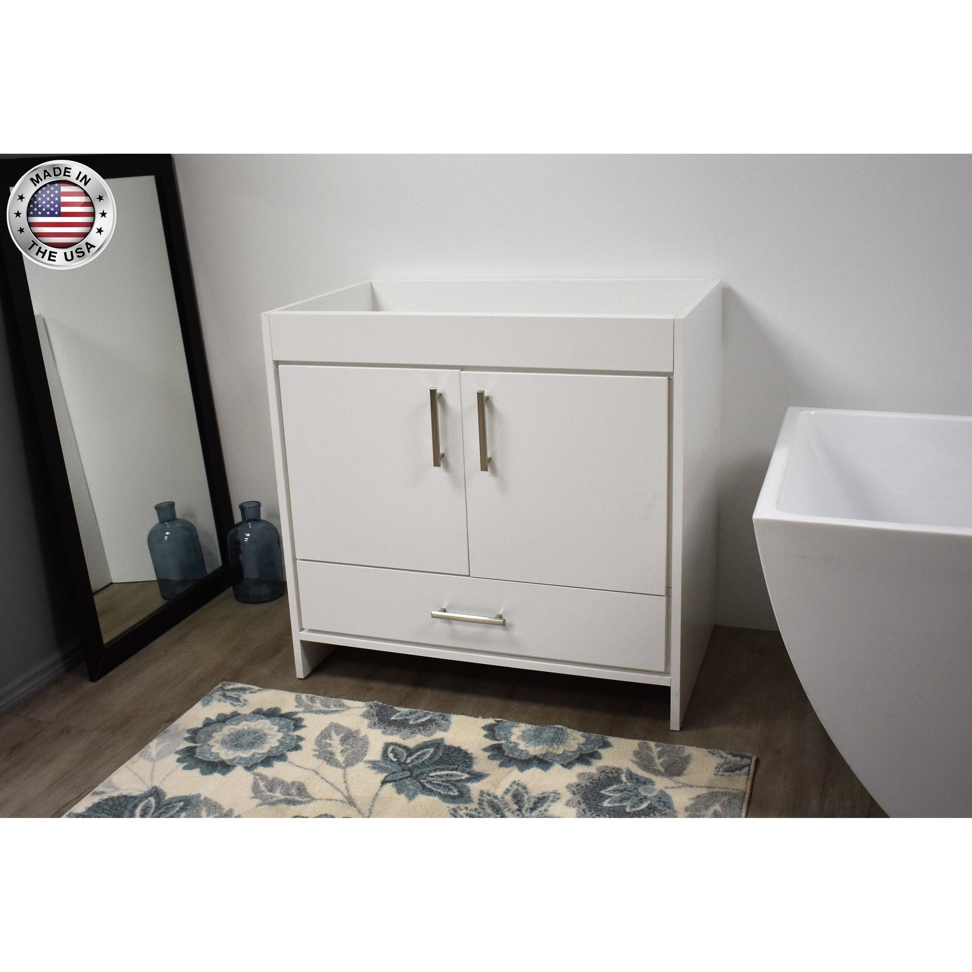 Volpa USA Capri 36" x 22" White Modern Bathroom Vanity With Brushed Nickel Edge Handles