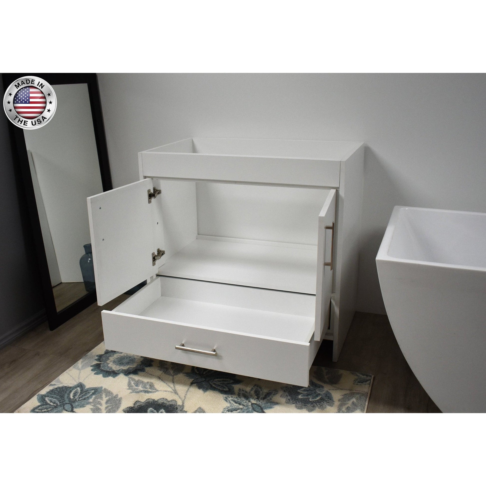 Volpa USA Capri 36" x 22" White Modern Bathroom Vanity With Brushed Nickel Edge Handles